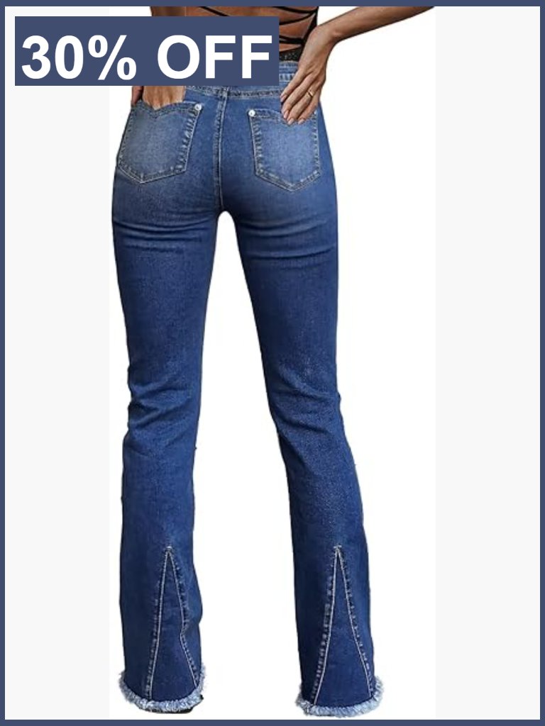 Mid Waist Bootcut Jeans Stretchy Butt Lifting Flare V Cut Raw Hem Denim
